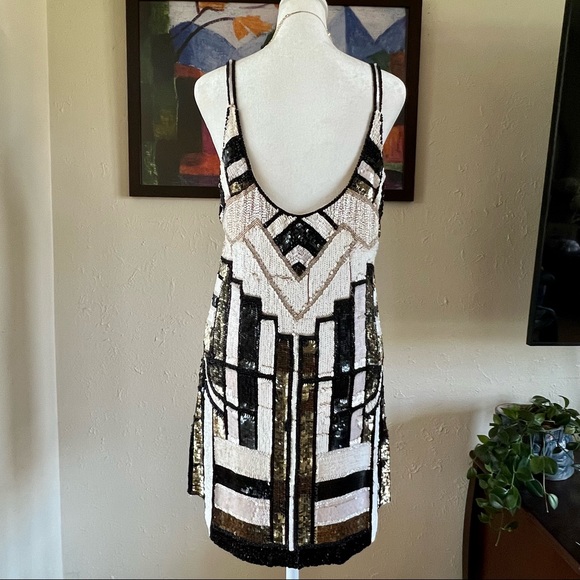 Parker Black Gold White Sequin Cocktail Dress Size Medium - Picture 10 of 11